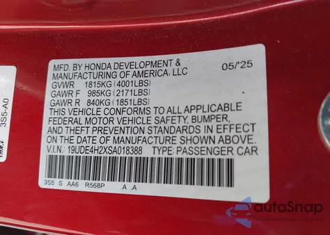 2025 Acura Integra z USA, uszkodzony, nr VIN 19UDE4H2XSA018388